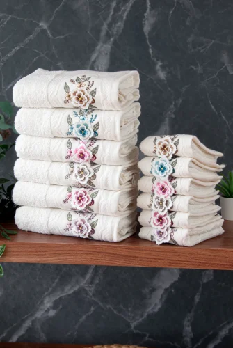 %100 Pamuklu 3D Çiçek İşlemeli 12 li Analı Kızlı Çeyizlik Havlu Seti 50x90 cm - 00030 - 5
