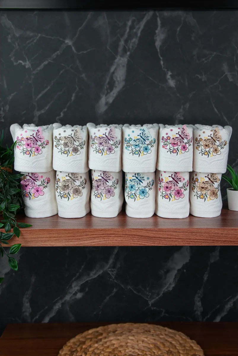 %100 Pamuklu 3D Kelebek İşlemeli 12 li Analı Kızlı Çeyizlik Havlu Seti 50x90 cm - 00030 - 2