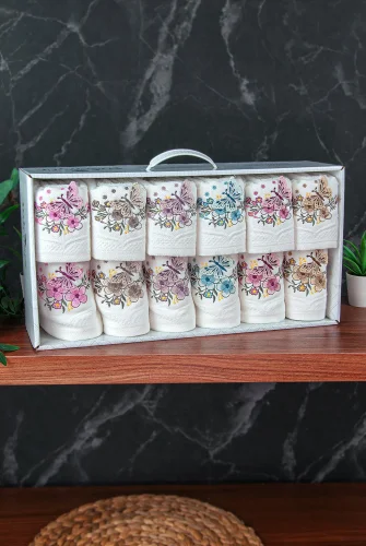 %100 Pamuklu 3D Kelebek İşlemeli 12 li Analı Kızlı Çeyizlik Havlu Seti 50x90 cm - 00030 - 3