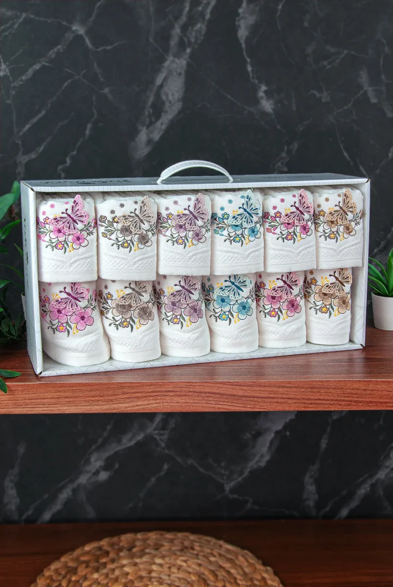 %100 Pamuklu 3D Kelebek İşlemeli 12 li Analı Kızlı Çeyizlik Havlu Seti 50x90 cm - 00030 - 3