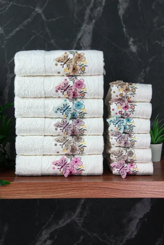 %100 Pamuklu 3D Kelebek İşlemeli 12 li Analı Kızlı Çeyizlik Havlu Seti 50x90 cm - 00030 - 4