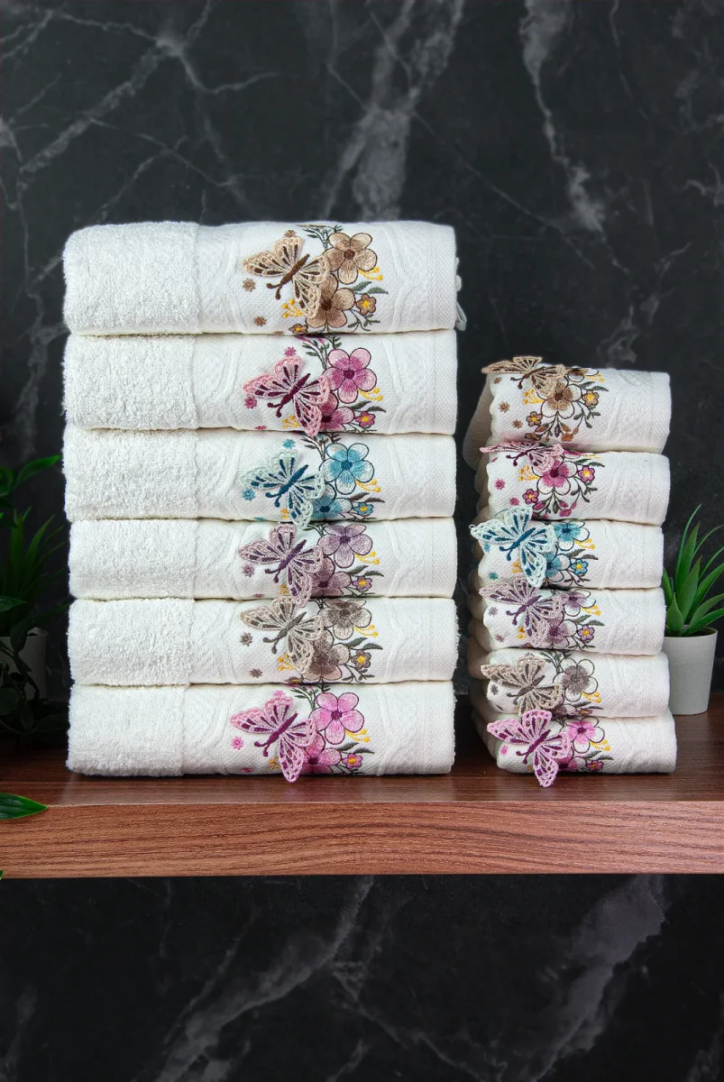 %100 Pamuklu 3D Kelebek İşlemeli 12 li Analı Kızlı Çeyizlik Havlu Seti 50x90 cm - 00030 - 4