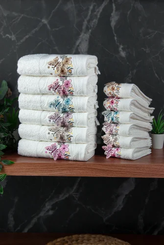 %100 Pamuklu 3D Kelebek İşlemeli 12 li Analı Kızlı Çeyizlik Havlu Seti 50x90 cm - 00030 - 5