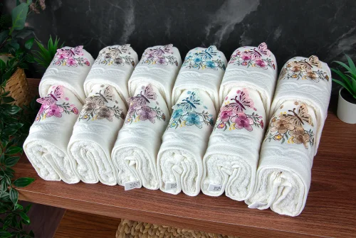 %100 Pamuklu 3D Kelebek İşlemeli 12 li Analı Kızlı Çeyizlik Havlu Seti 50x90 cm - 00030 - 6