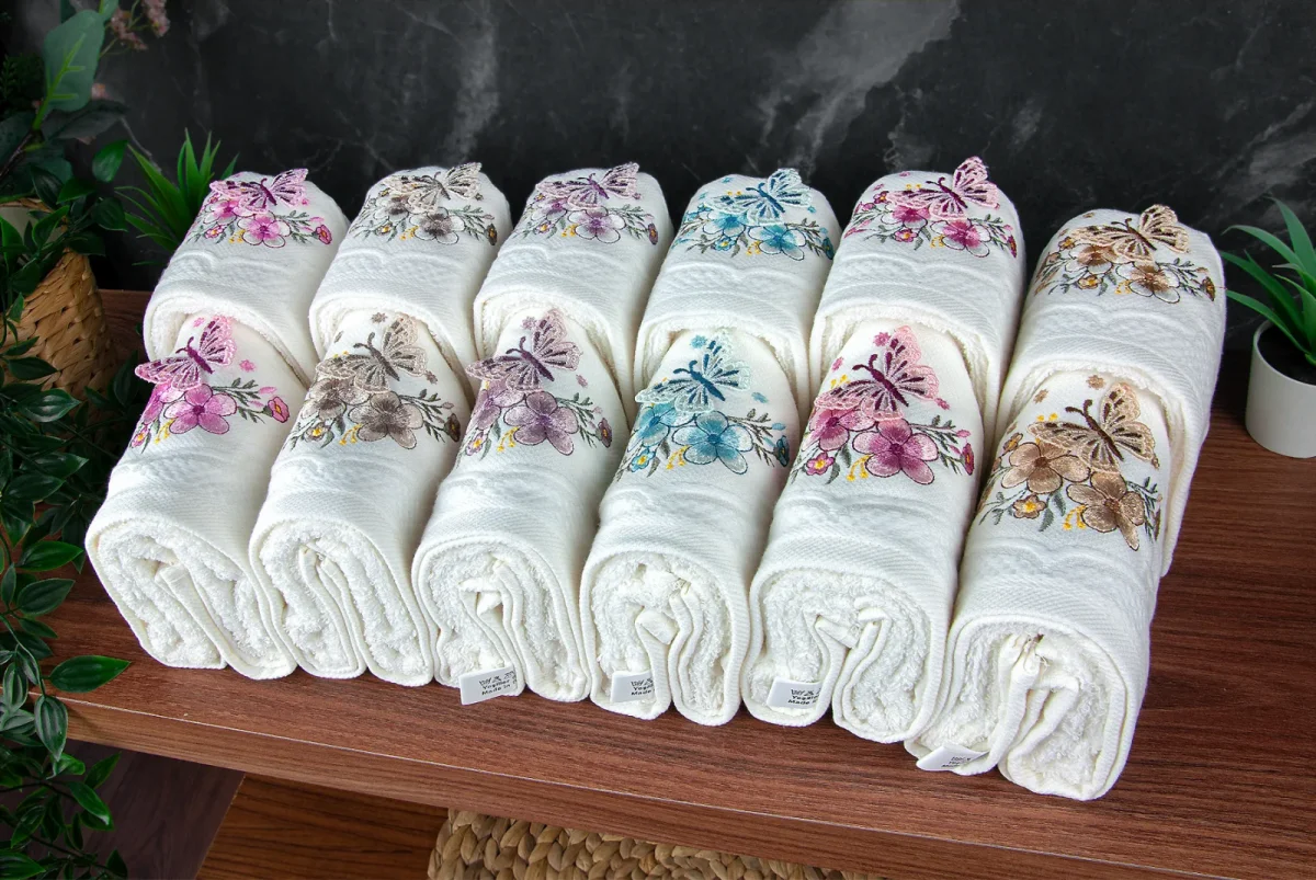 %100 Pamuklu 3D Kelebek İşlemeli 12 li Analı Kızlı Çeyizlik Havlu Seti 50x90 cm - 00030 - 6