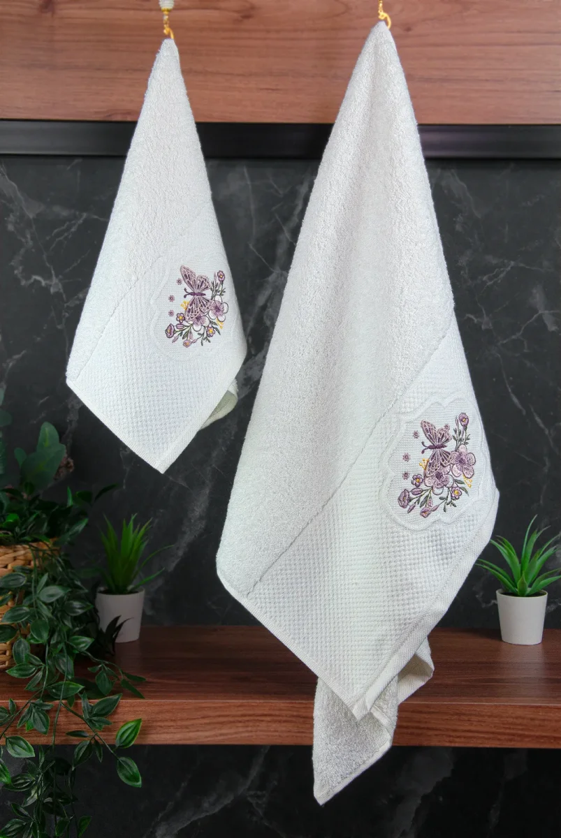 %100 Pamuklu 3D Kelebek İşlemeli 12 li Analı Kızlı Çeyizlik Havlu Seti 50x90 cm - 00030 - 7