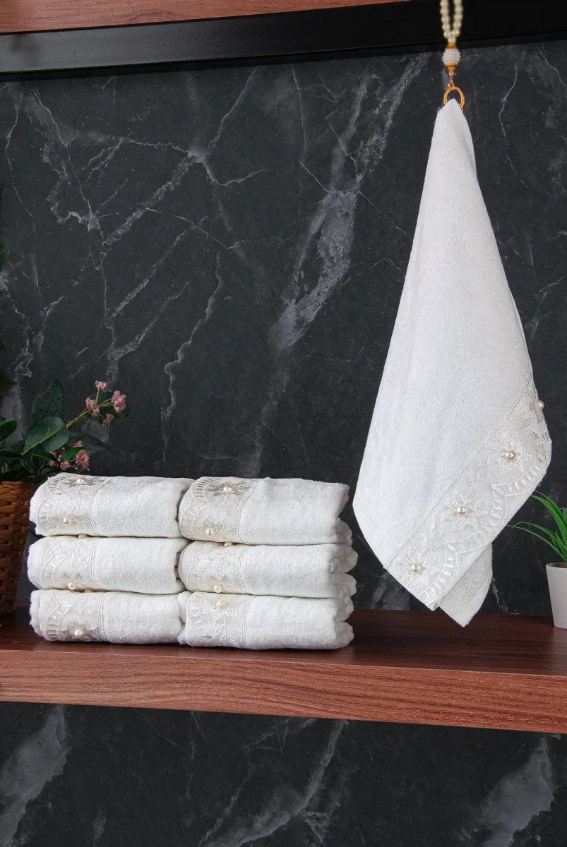 % 100 Pamuklu Kadife Güpürlü İnci Işlemeli 6 lı Çeyizlik El Yüz Havlu Seti - 30x50 cm - 04466 - Beyaz - 1