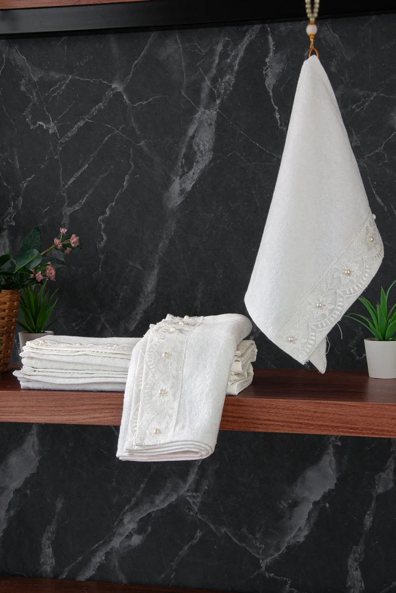% 100 Pamuklu Kadife Güpürlü İnci Işlemeli 6 lı Çeyizlik El Yüz Havlu Seti - 30x50 cm - 04466 - Beyaz - 2