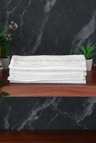 % 100 Pamuklu Kadife Güpürlü İnci Işlemeli 6 lı Çeyizlik El Yüz Havlu Seti - 30x50 cm - 04466 - Beyaz - 3