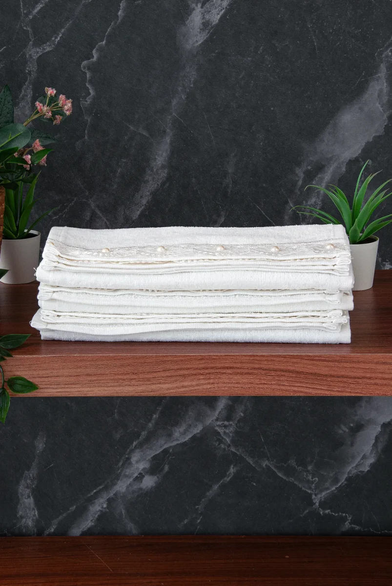 % 100 Pamuklu Kadife Güpürlü İnci Işlemeli 6 lı Çeyizlik El Yüz Havlu Seti - 30x50 cm - 04466 - Beyaz - 3