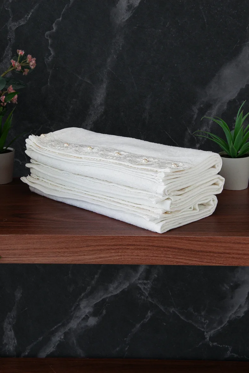 % 100 Pamuklu Kadife Güpürlü İnci Işlemeli 6 lı Çeyizlik El Yüz Havlu Seti - 30x50 cm - 04466 - Beyaz - 4