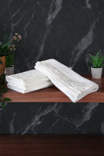 % 100 Pamuklu Kadife Güpürlü İnci Işlemeli 6 lı Çeyizlik El Yüz Havlu Seti - 30x50 cm - 04466 - Beyaz - 5
