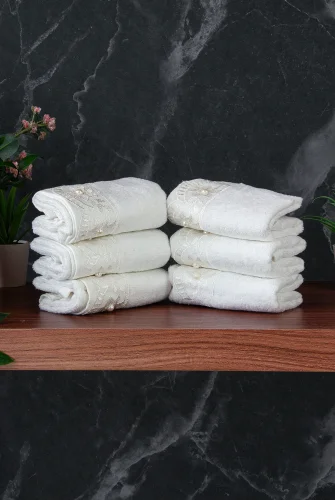 % 100 Pamuklu Kadife Güpürlü İnci Işlemeli 6 lı Çeyizlik El Yüz Havlu Seti - 30x50 cm - 04466 - Beyaz - 6