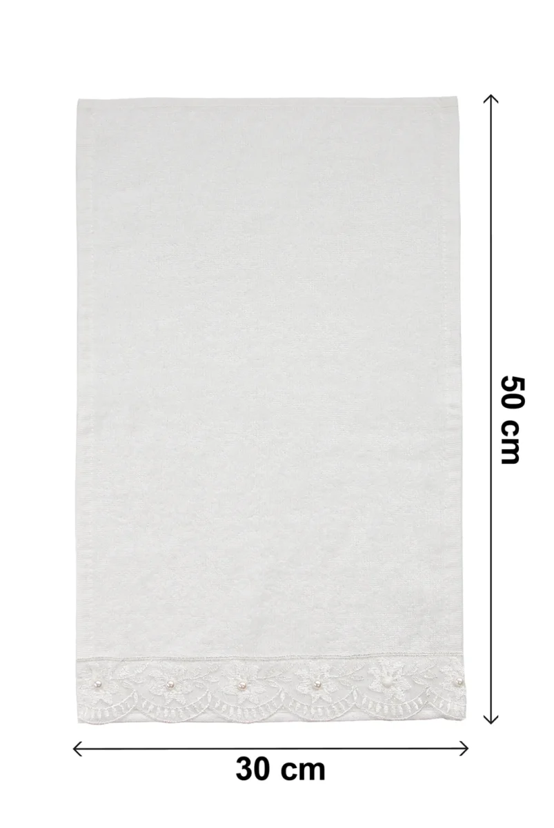 % 100 Pamuklu Kadife Güpürlü İnci Işlemeli 6 lı Çeyizlik El Yüz Havlu Seti - 30x50 cm - 04466 - Beyaz - 7
