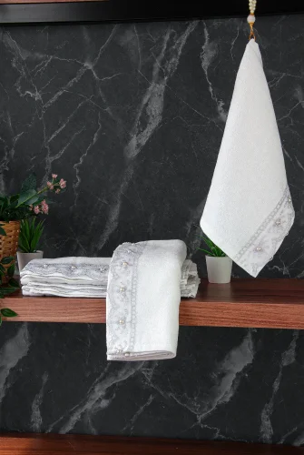 % 100 Pamuklu Kadife Güpürlü İnci Işlemeli 6 lı Çeyizlik El Yüz Havlu Seti - 30x50 cm - 04466 - Gri - ihvanonline (1)