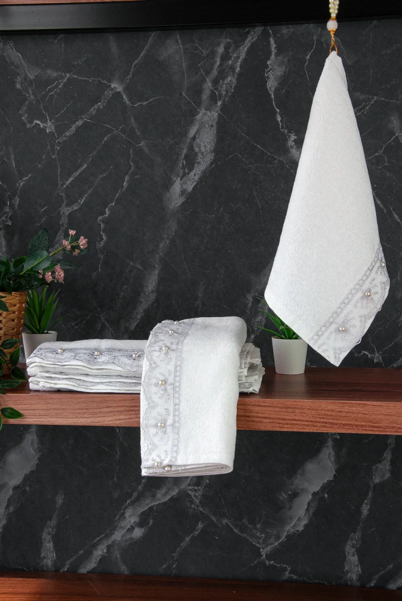 % 100 Pamuklu Kadife Güpürlü İnci Işlemeli 6 lı Çeyizlik El Yüz Havlu Seti - 30x50 cm - 04466 - Gri - 2