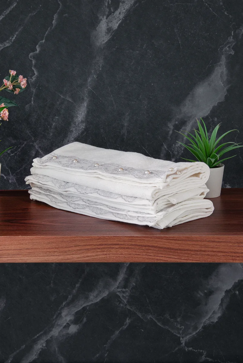 % 100 Pamuklu Kadife Güpürlü İnci Işlemeli 6 lı Çeyizlik El Yüz Havlu Seti - 30x50 cm - 04466 - Gri - 4