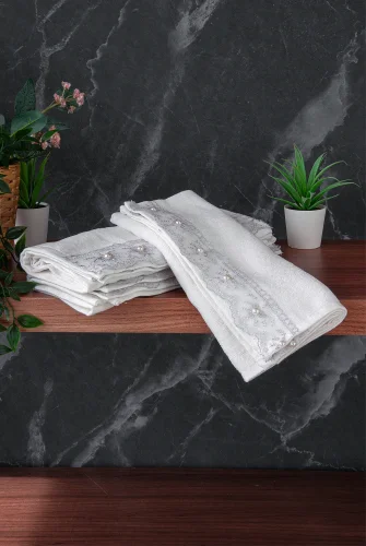 % 100 Pamuklu Kadife Güpürlü İnci Işlemeli 6 lı Çeyizlik El Yüz Havlu Seti - 30x50 cm - 04466 - Gri - 5