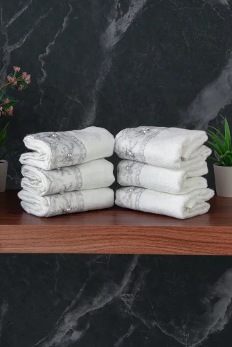% 100 Pamuklu Kadife Güpürlü İnci Işlemeli 6 lı Çeyizlik El Yüz Havlu Seti - 30x50 cm - 04466 - Gri - 6