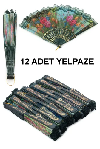 12 Adet Çiçekli Dantelli Katlanır Yelpaze, Hediyelik Doğal Serinletici - Siyah - 1