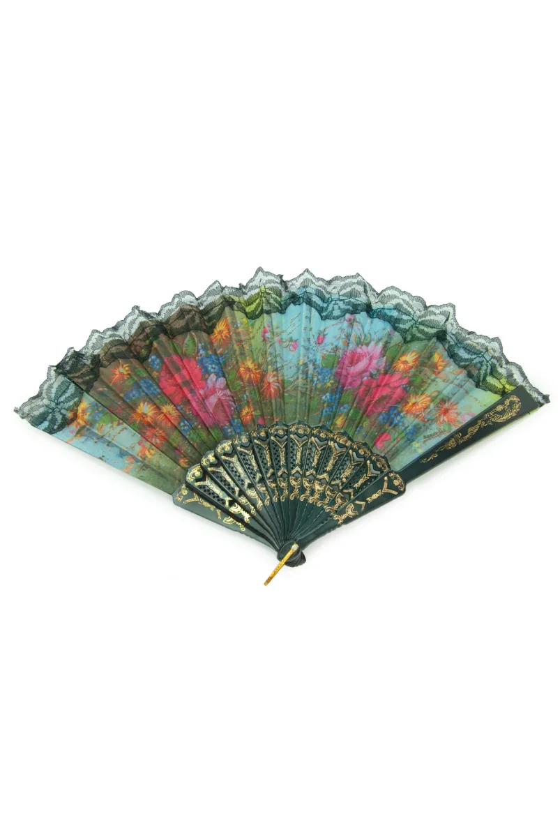 12 Adet Çiçekli Dantelli Katlanır Yelpaze, Hediyelik Doğal Serinletici - Siyah - 3