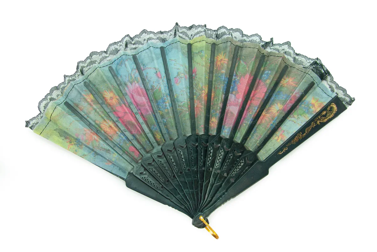 12 Adet Çiçekli Dantelli Katlanır Yelpaze, Hediyelik Doğal Serinletici - Siyah - 8