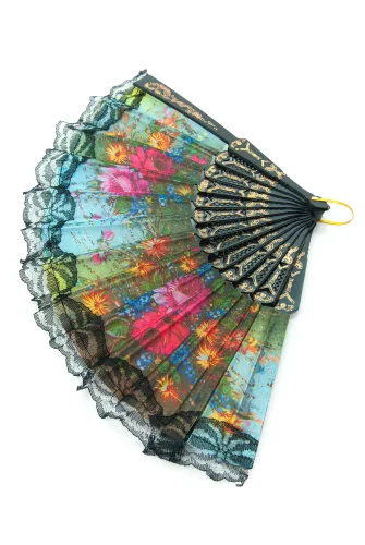 12 Adet Çiçekli Dantelli Katlanır Yelpaze, Hediyelik Doğal Serinletici - Siyah - 4