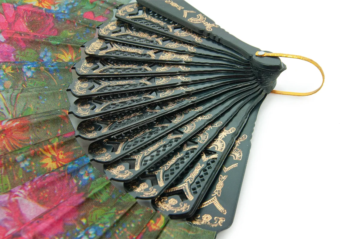 12 Adet Çiçekli Dantelli Katlanır Yelpaze, Hediyelik Doğal Serinletici - Siyah - 5