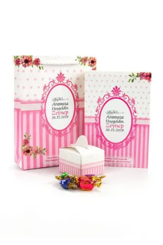 20 Adet Hediyelik 3'lü Mevlüt Seti İsme Özel Etiketli Çantalı, 64 Sayfa Yasin Kitabı - Pembe 