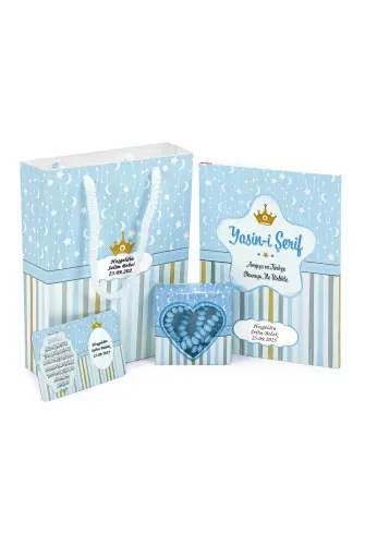 20 Adet Hediyelik 4'lü Mevlüt Seti - İsme Özel Etiketli - Çanta, Tesbih, Magnet, Yasin Kitabı - Mavi - 1