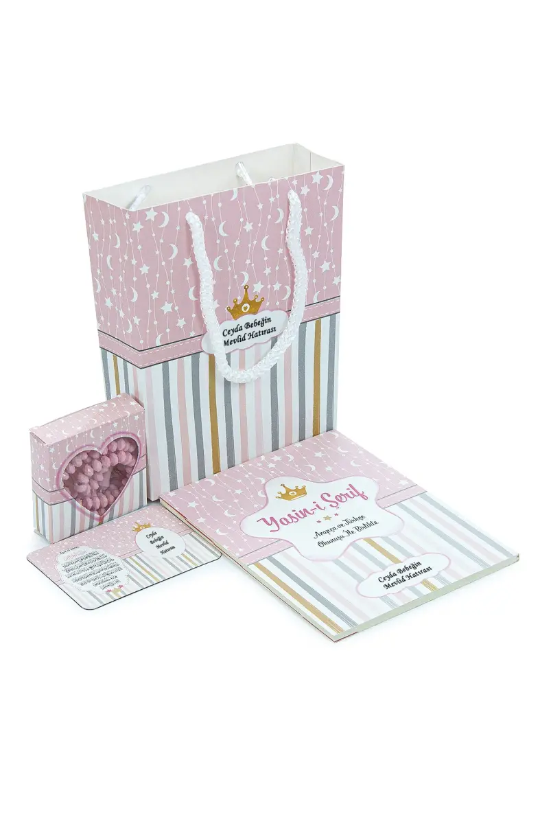 20 Adet Hediyelik 4'lü Mevlüt Seti - İsme Özel Etiketli - Çanta, Tesbih, Magnet Yasin Kitabı - Pembe - 2