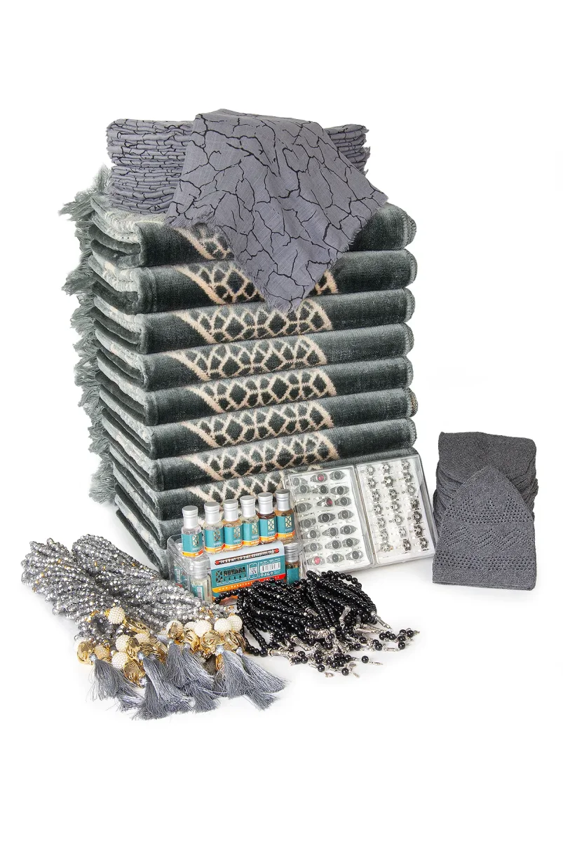 20 Kişilik Hac ve Umre Hediyelik Kadife Seccade Seti – Gri - 1