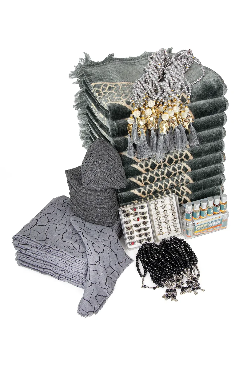 20 Kişilik Hac ve Umre Hediyelik Kadife Seccade Seti – Gri - 4