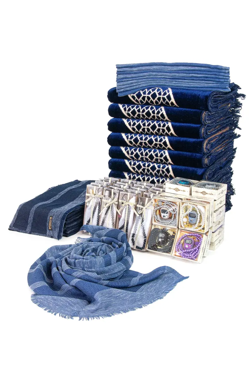 20 Kişilik Hac ve Umre Hediyelik Kadife Seccade Seti – Lacivert - 1