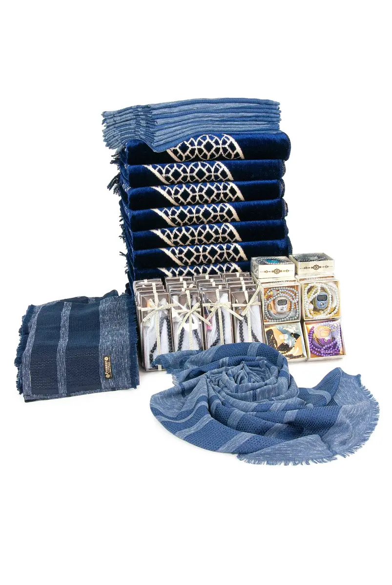 20 Kişilik Hac ve Umre Hediyelik Kadife Seccade Seti – Lacivert - 3