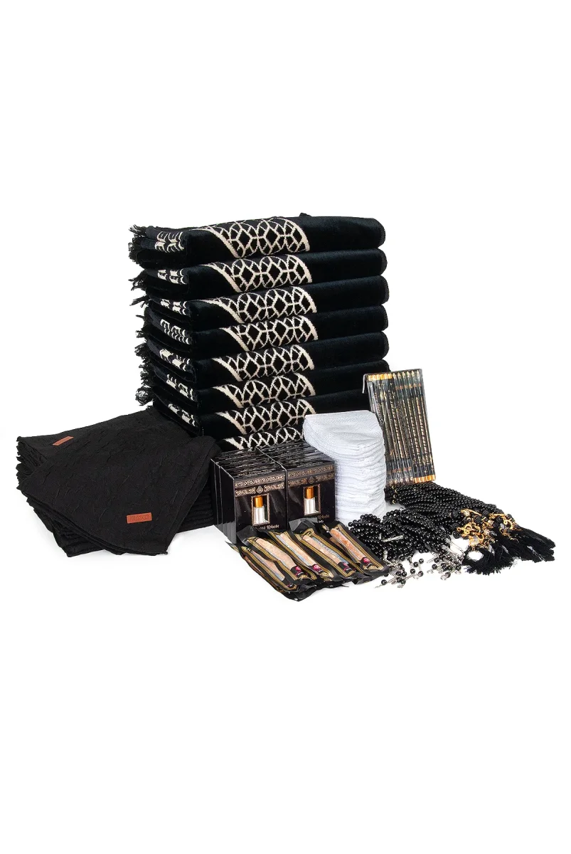 20 Kişilik Hac ve Umre Hediyelik Kadife Seccade Seti – Siyah - 1