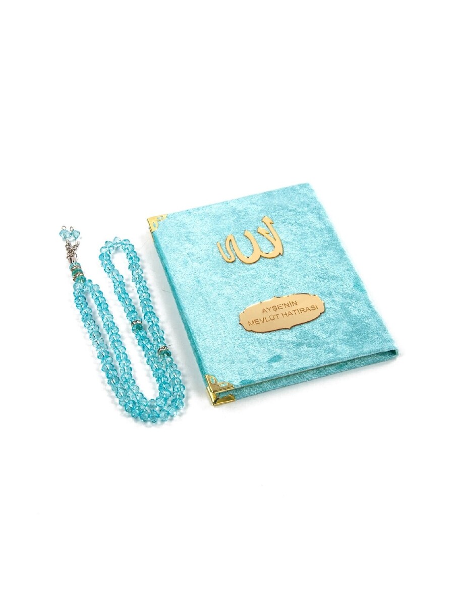 20 Pieces Velvet Covered Yasin Book - Bag Size - Name-Specific Plate - Rosary - Sachet - Blue Color - Mevlüt Gift - 80 Pages - 2