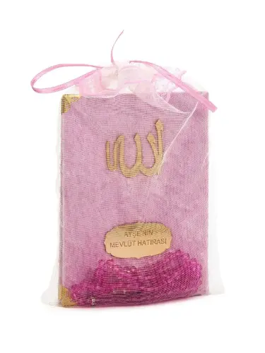 20 Pieces Velvet Covered Yasin Book - Bag Size - Name-Specific Plate - Rosary - Sachet - Pink Color - Mevlüt Gift - 80 Pages - 1
