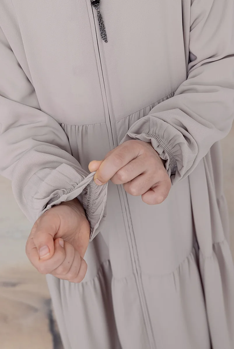3 Katlı Medine İpeği Kız Çocuk Feracesi Rahat Kesim Çocuk Abaya - Bej (Kdm) - 7