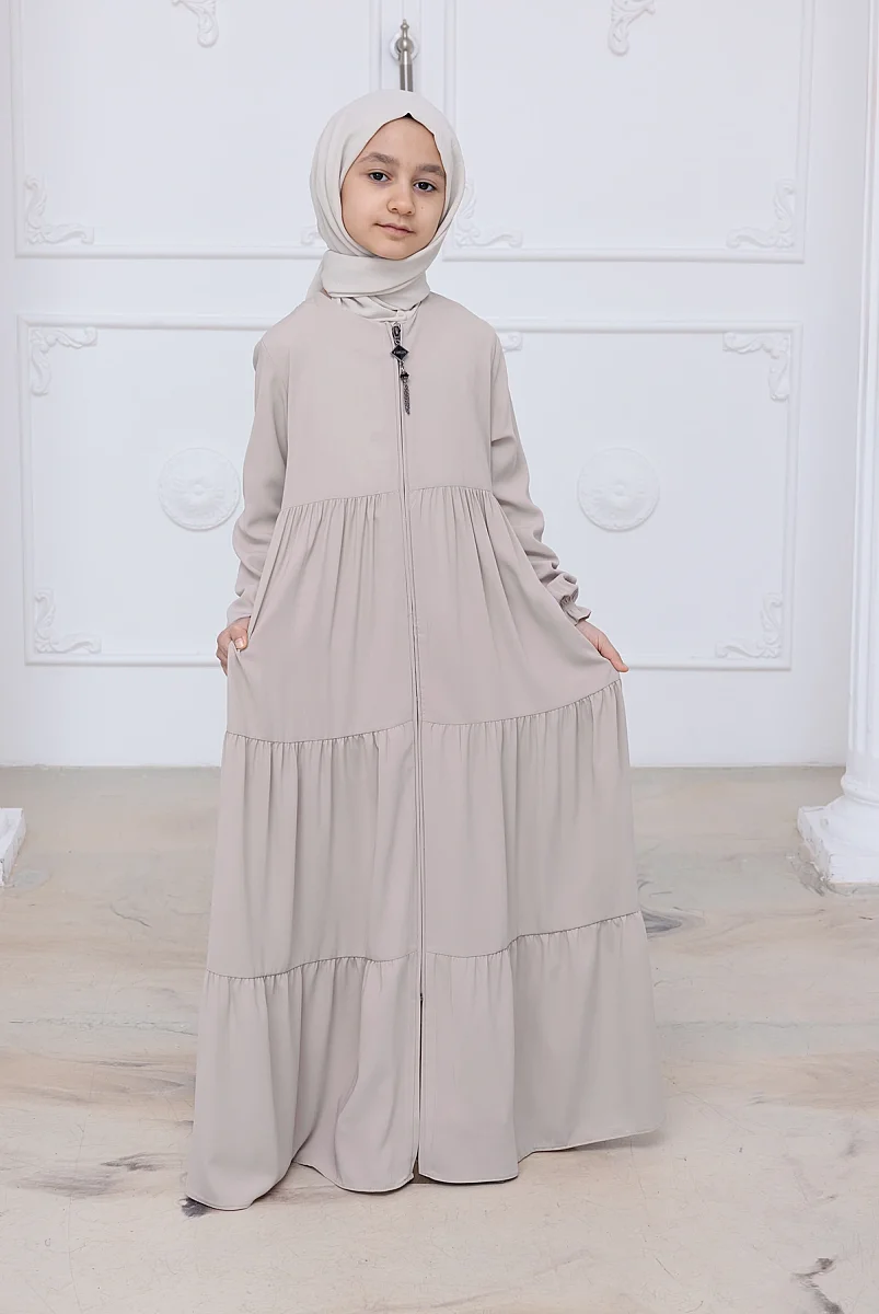 3 Katlı Medine İpeği Kız Çocuk Feracesi Rahat Kesim Çocuk Abaya - Bej (Kdm) - 1