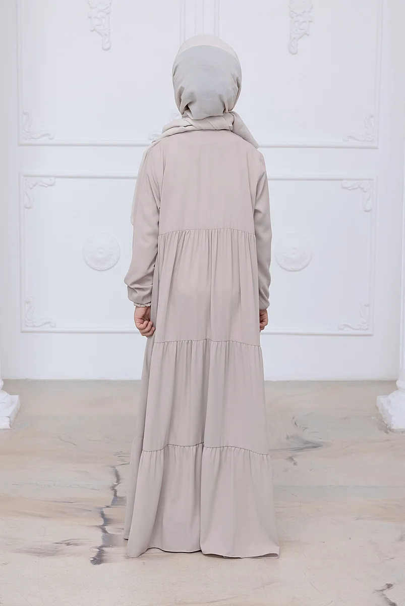 3 Katlı Medine İpeği Kız Çocuk Feracesi Rahat Kesim Çocuk Abaya - Bej (Kdm) - 2
