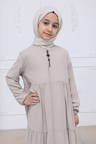 3 Katlı Medine İpeği Kız Çocuk Feracesi Rahat Kesim Çocuk Abaya - Bej (Kdm) - 3