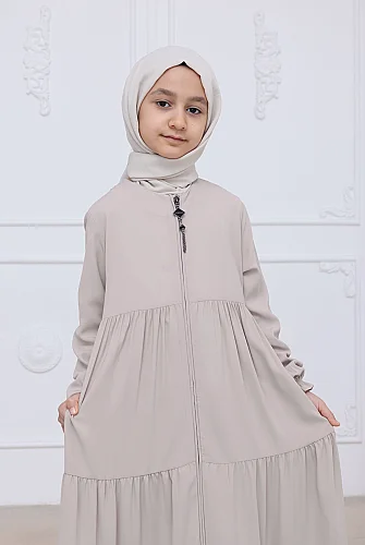 3 Katlı Medine İpeği Kız Çocuk Feracesi Rahat Kesim Çocuk Abaya - Bej (Kdm) - 4