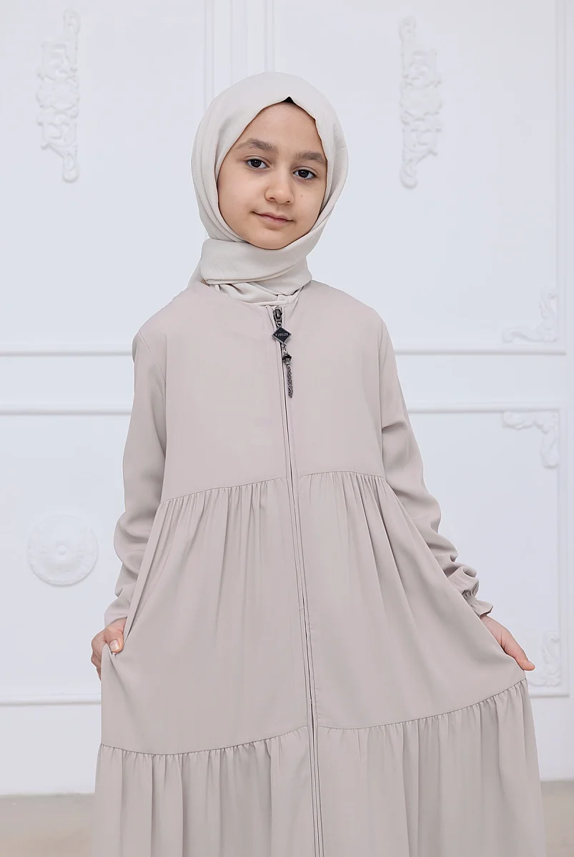3 Katlı Medine İpeği Kız Çocuk Feracesi Rahat Kesim Çocuk Abaya - Bej (Kdm) - 4