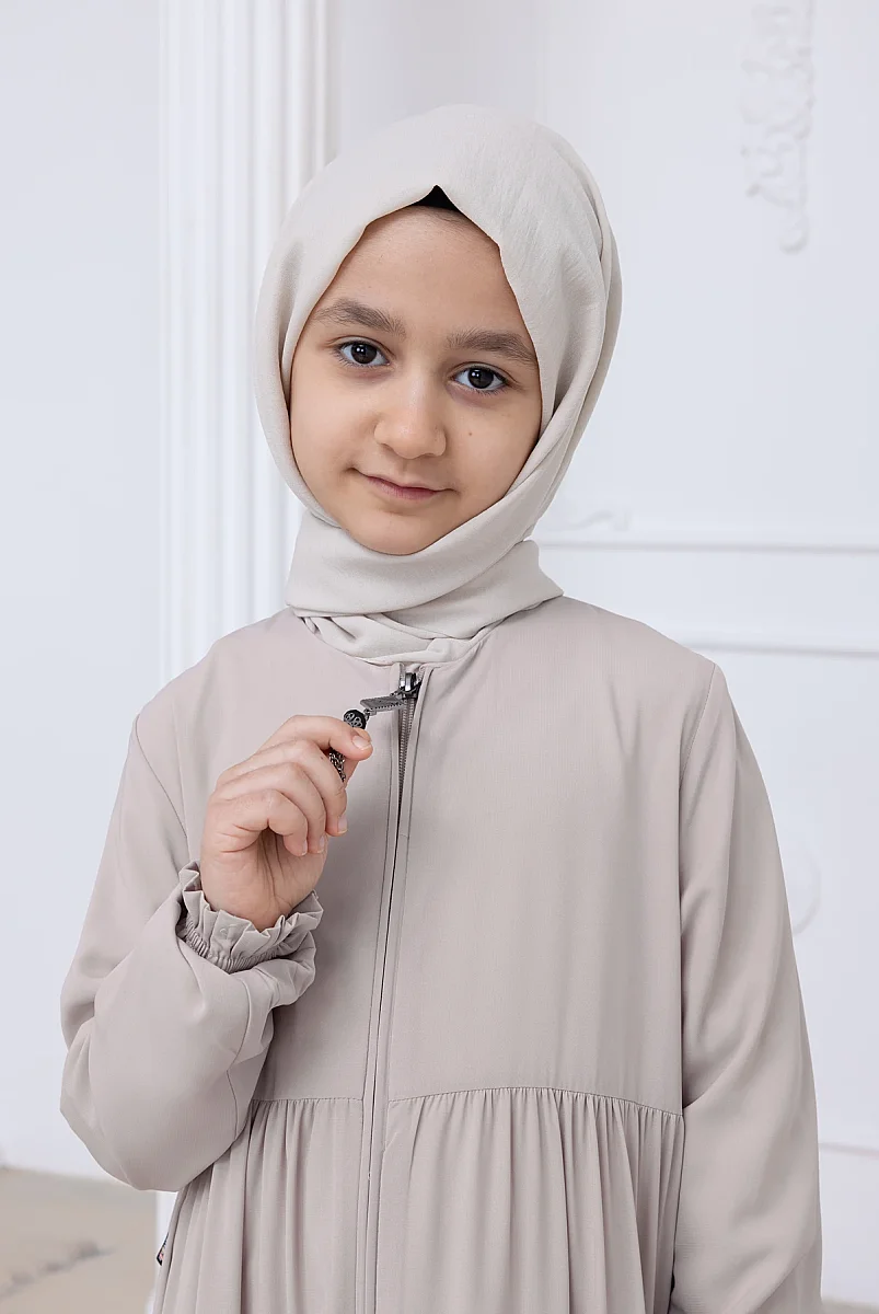 3 Katlı Medine İpeği Kız Çocuk Feracesi Rahat Kesim Çocuk Abaya - Bej (Kdm) - 5