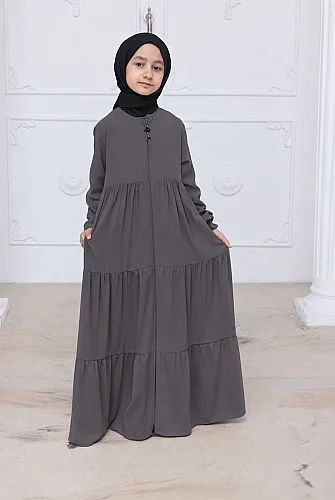 3 Katlı Medine İpeği Kız Çocuk Feracesi Rahat Kesim Çocuk Abaya - Füme (Kdm) 