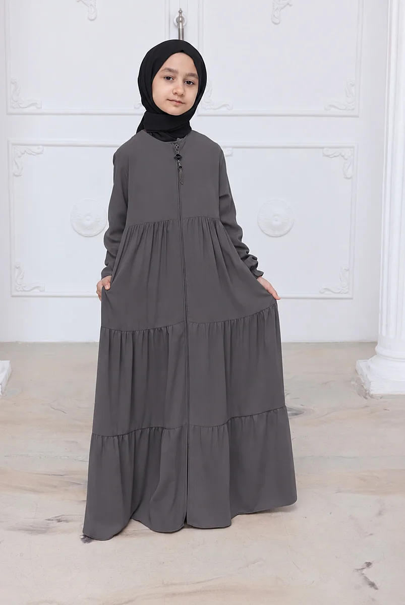 3 Katlı Medine İpeği Kız Çocuk Feracesi Rahat Kesim Çocuk Abaya - Füme (Kdm) - 1