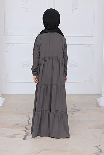 3 Katlı Medine İpeği Kız Çocuk Feracesi Rahat Kesim Çocuk Abaya - Füme (Kdm) - ihvanonline (1)