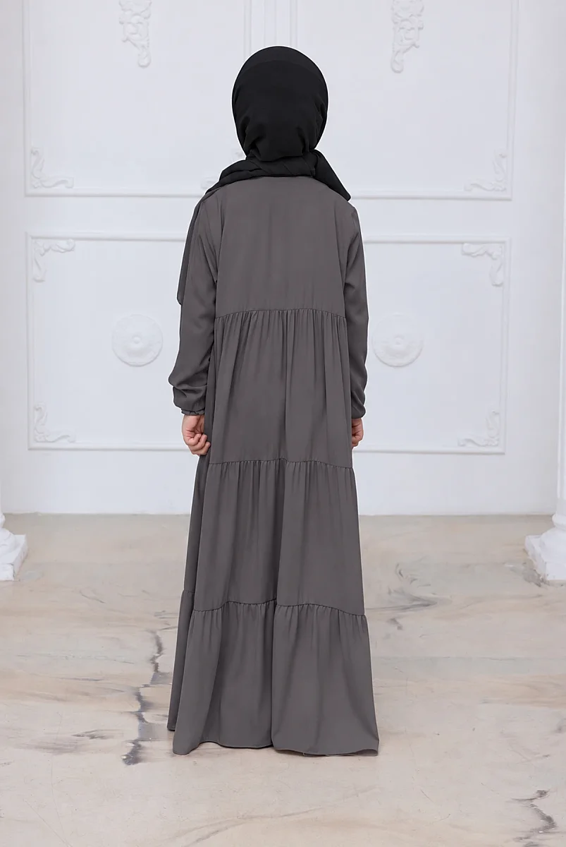 3 Katlı Medine İpeği Kız Çocuk Feracesi Rahat Kesim Çocuk Abaya - Füme (Kdm) - 2