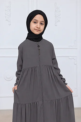 3 Katlı Medine İpeği Kız Çocuk Feracesi Rahat Kesim Çocuk Abaya - Füme (Kdm) - 4